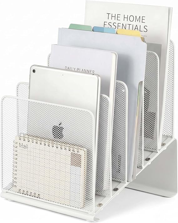LEKETREE File Organizer for Desk, Desk Organizer with 5-Section Vertical File Rack, File Folder Organizer, Desk Accessories & Workspace Organizers(White)
