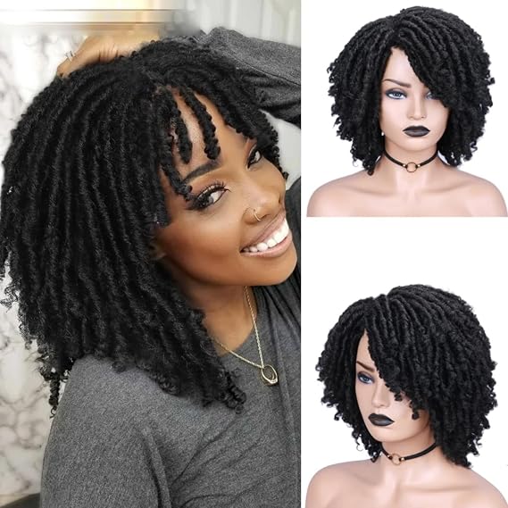 Dreadlock Braided Wigs with Headband Synthetic Goddess Faux Locs Hair Wig with Curly Ends Freetress Twist Crochet Hair Wigs For Black Women and Men (1B, Dreadlock Wig)