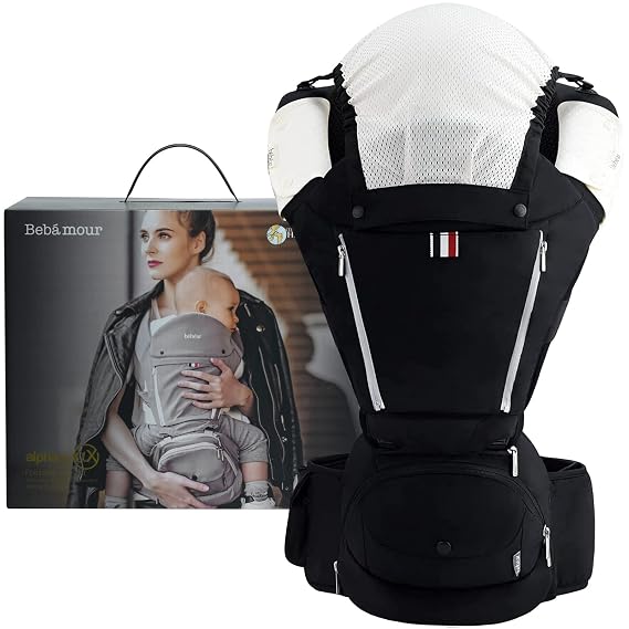 Bebamour Baby Carrier Newborn Ergonomic Convertible Baby Carrier Foldable Hip Seat Attached 3pcs Baby Drool Bibs,Head Hood,Waist Supporter Pad(Black)