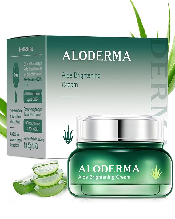 Aloderma Brightening Facial Cream - 69% Organic Aloe & Niacinamide, 1.7 oz | Plant-based daily moisturizer for dark spots and uneven tone. 50 ml jar features squalane, alpha-arbutin, and herb extracts
