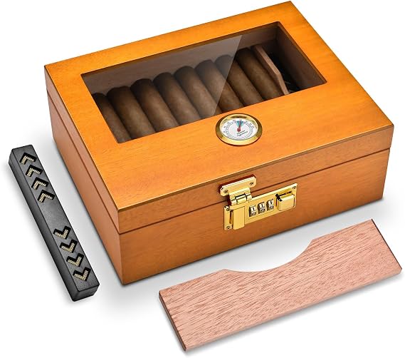 CIGARLOONG Cigar Humidor, Cedar Wood Humidor with Front Hygrometer and Humidifier, Glass Top and Combination Lock Desktop Cigar Box
