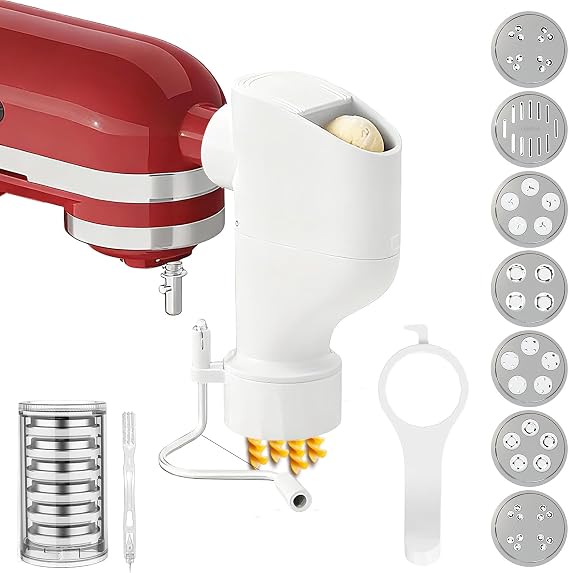 Gourmet Pasta Press Attachment for KitchenAid Stand Mixers, Pasta Maker Attachments with 7 Interchangeable Pasta Plates, Kitchen aid Pasta Attachment for Spaghetti Bucatini Fusilli l Macaroni