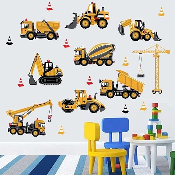 Construction Wall Stickers, Truck Digger Excavator Cartoon Engineering Car Decorative Wall Decals, Vinyl Peel Stick Decor Wall Decors for Kids Baby Bedroom Boys Room Nursery Playroom