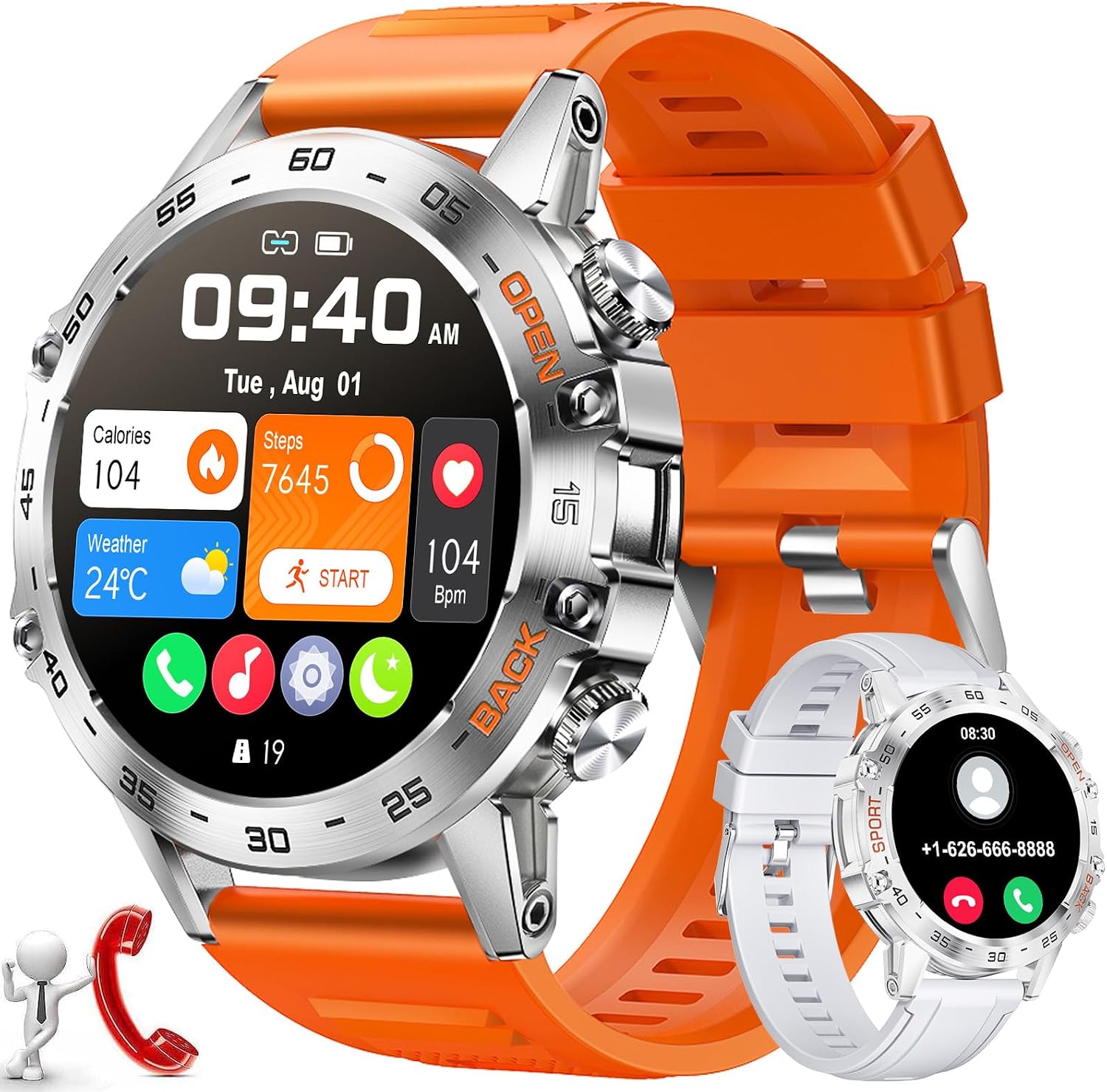Men's Smart Watch Bluetooth AnswerMake Call for Android iOS Phone 400 mAh 1.39" Outdoor Sport Activity Fitness Tracker 2 Watch Straps Male Music Smartwatch,Heart Rate Sleep Health Monitor Orange