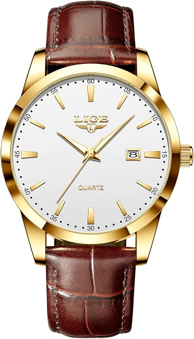 LIGE Watches for Men Waterproof Analog Dress Vintage Chronograph Analog Casual Leather Stainless Steel Unique Quartz Movement Retro Luminous Elegant Men's Wrist Watch Date Display