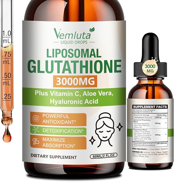 1 Pack 3000mg Liposomal Glutathione Liquid Drops, 98% Absorption Liposomal Glutathione with Vitamin C for Women, Glutathione Liposomal Supplement, Powerful Antioxidant Complex for Immune System, Liver