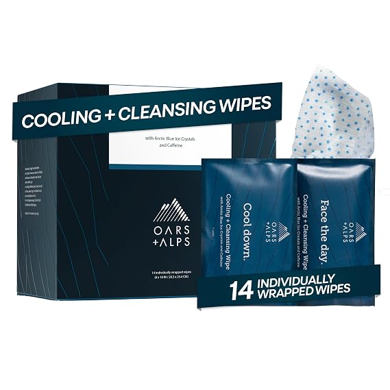 Oars + Alps Cooling + Cleansing Face + Body Wipes, Travel Friendly, 14ct | Dual Sided Cleansing + Cooling Wipes, Towelettes for Post Workout, Activity, + Travel, Dermatologist Tested, Refreshes Skin