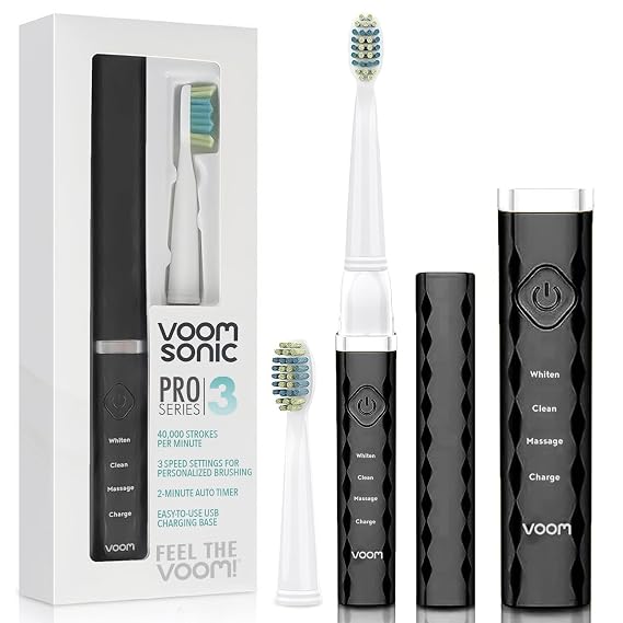 Voom Sonic Pro 3 Series Ultrasonic Electric Toothbrush for Adults (Black) USB Rechargeable 40,000 Strokes/Minute 3 Speeds Bathroom Essentials & Travel Essentials