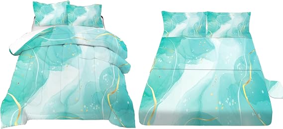 Teal Marble Bedding Set Twin Size Aqua Teal Gold Glitter Marbling Comforter Set with Sheets for Teen Girls Kids