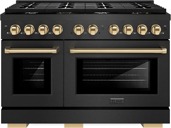 ZLINE Autograph Edition 48 in. 6.7 cu. ft. Paramount Double Oven Dual Fuel Range with 8 Burner Gas Cooktop in Black Satin Stainless Steel and Polished Gold Accents (SDRBSZ-48-G)