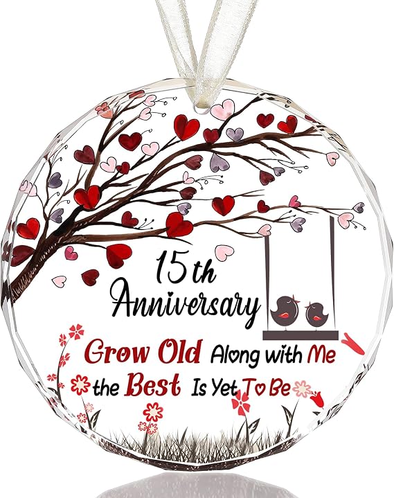 15th Wedding Anniversary Crystal Gifts for Wife Husband, Glass Colorful 3.5" Plaque Hanging Ornament Keepsake for 15 Years Anniversary
