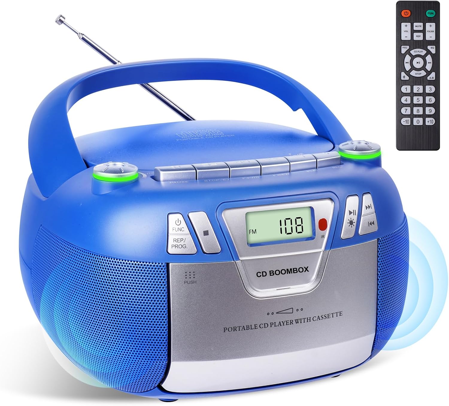 Boombox CD Player with Bluetooth and Cassette Player | Portable AMFM Radio, MP3USBAUX Input, Stereo Sound System with Recorder, AC & Battery Operated for Home & Outdoor Use