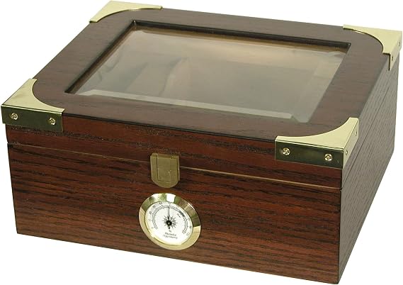 Desktop Humidor, Capri Elegant, Tempered Glasstop, Spanish Cedar Divider, Brass Ring Glass Hygrometer, Holds 25 to 50 Cigars