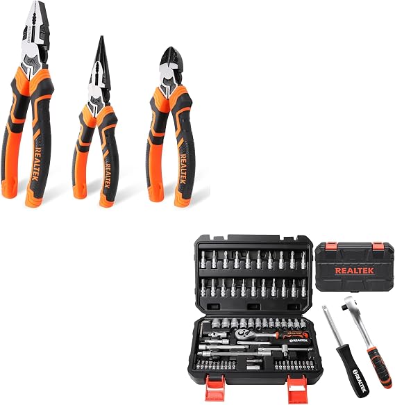 3-Piece Pliers Set, Pliers Tool Set Includes 8" Combination Pliers, 6" Diagonal Pliers, 6" Long Nose with 66 Pieces 1/4 inch Drive Socket Set