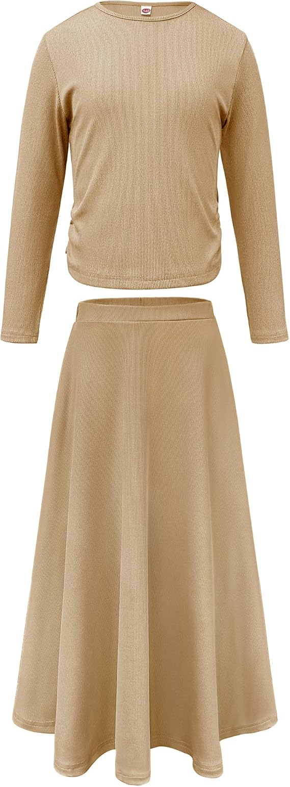 Girls 2 Piece Skirt Set Casual Ribbed Knit Long Sleeve Ruched Top Maxi Flowy Skirts Matching Sets for Winter Spring