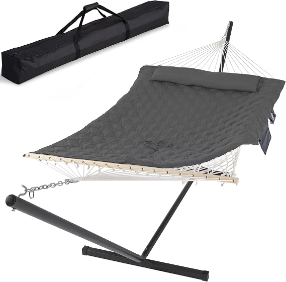 Hammocks for Outside with Stand, Carrying Bag, Dark Gray Drops | Extra Large 2 Person Hammock with Stand