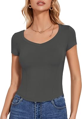 LUYAA Womens Deep V Neck Short Sleeve T Shirts Curved Hem Trendy Summer Going Out 123 Pack Tops XS-XL