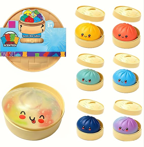 Mystery Dumpling Squishy with Box, Random 1 of 7 Colors, Mystery Gummi Bear Dumpling Edition, Stress Relief Squeeze Sensory for Holiday Birthday Party Favor Gifts
