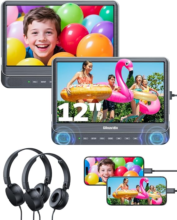 12" Dual Car DVD Players with HDMI Input for Kids Backseat Entertainment