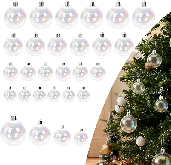 Christmas Rainbow Ornaments, 24 Pcs Shatterproof Transparent Hanging Balls (4 Sizes) - Ideal for Home & Christmas Tree