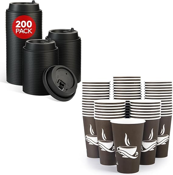 LITOPAK 210 Pack 16 oz Paper Cups, Disposable Coffee Cups, Paper Drinking Cups, Brown Disposable Cups, Paper Hot Coffee Cups and 200 Count Coffee Cup Lids, 3.54'' Disposable Plastic Lids