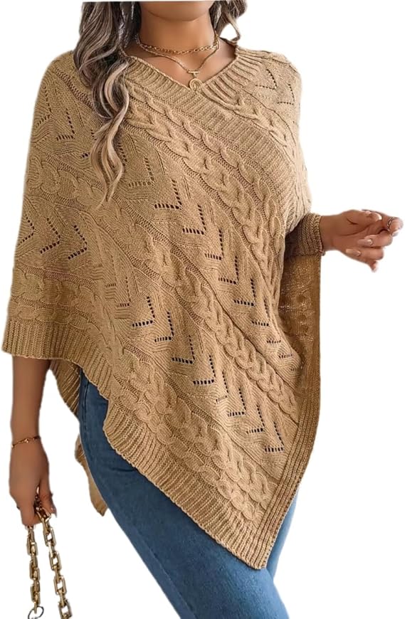 Womens Knitted Sweater Cape Shawls Casual V-Neck Wrap Pullover Tops 3/4 Sleeve Asymmetric Hem Poncho Sweater