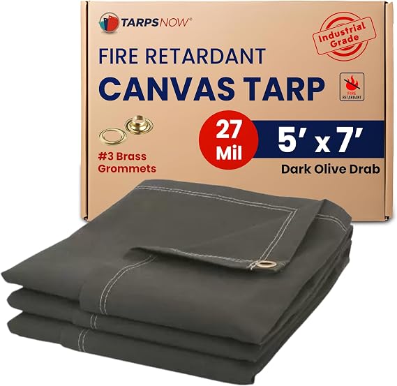 Tarps Now 5x7 Ft Fire Retardant Canvas Tarp with Brass Grommets - 27 Mil Industrial Grade Heavy Duty Tarp for Camping, Construction, Residential, and Agriculture - 16oz, Olive Drab