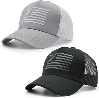 2 Packs American Flag Trucker Hat, Adjustable Mesh Snapback Baseball Caps for Men Women