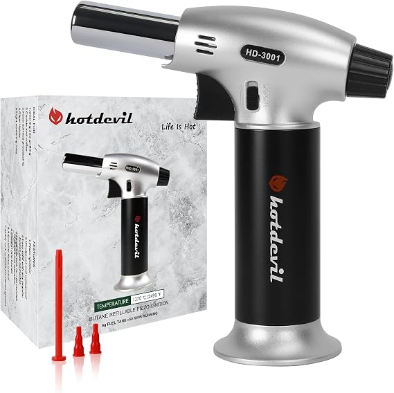Hotdevil Butane Culinary Torch 6g Refillable Tank Cooking Kitchen Torch Lighter Fit All Butane Cartridge Blow Torch/w Safety Lock Adjustable Flame for BBQ Creme Brulee Dessert(Butane Gas Not Include)