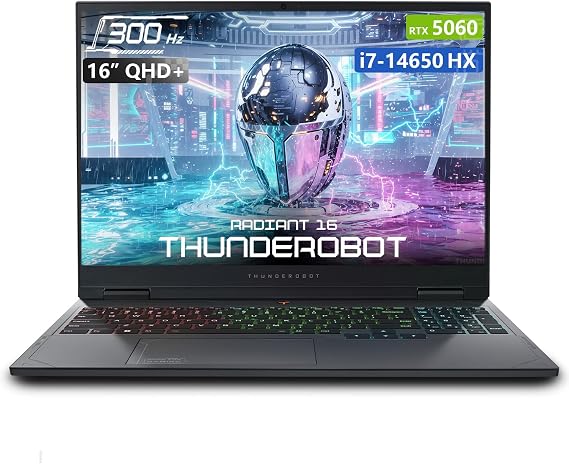 Thunderobot Radiant 16 5060 Gaming Laptop, 16" QHD+ 300Hz 2.5K Display, Core i7-14650HX, NVIDIA GeForce RTX 5060, 16GB DDR5 RAM, 512GB SSD, RGB Backlit Keyboard, Wi-Fi 6, Win11 Home