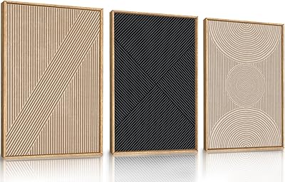 Ausril 3 Pcs Neutral Abstract Framed Wall Art, Mid Century Modern Canvas Wall Decor, Boho Geometric Line Wall Painting, Beige Minimalist Textured Art Print for Living Room Bedroom Office - 16x24inch