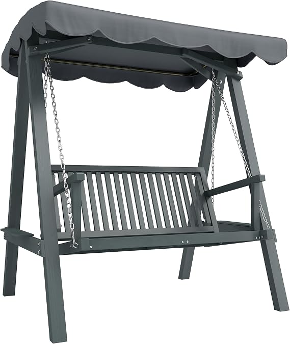 Outsunny 2 Seater Garden Swing Seat with Canopy Side Tray Outdoor Grey | Wooden Swing Chair, Outdoor Hammock Bench, for Balcony Patio Porch