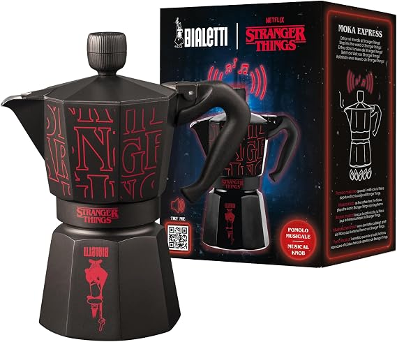 Bialetti - Moka Express Stranger Things: 6 Cups Ocak Üstü Espresso Pişirici, Müzikli, 270ml, Siyah, Patentli Güvenlik Valfi