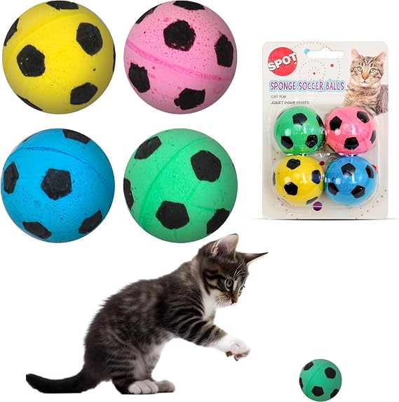SPOT Sponge Soccer Ball Cat Toys for Cats and Kittens - Interactive and Colorful Plush Toy, Fun to Bat and Chase, Keep Cats Entertained - 1.5" Assorted 4-Pack