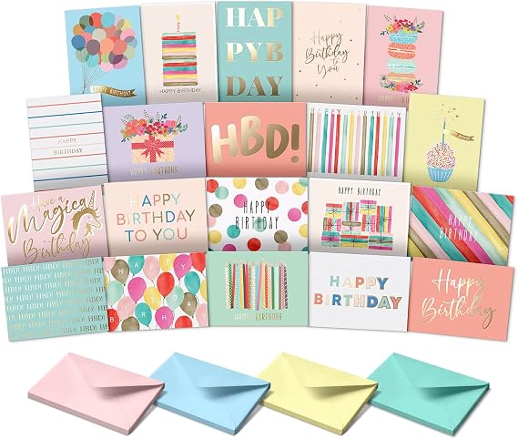 Sweetzer & Orange Happy Birthday Cards with Envelopes & Assortment Box. Variety Set of 20 Assorted Birthday Cards with Envelopes, Perfect Bulk Pack for Celebrations, Special Occasions, Friends