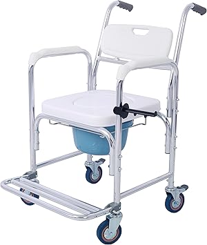DANGRUUT Multifunction Shower Chair, Rolling Bedside Commode Chair, 300lbs Thicken Aluminum Bath Chair with Arms, Back, Pedal, Wheels and Padded Seat for Elderly, Seniors, Disabled, Pregnant