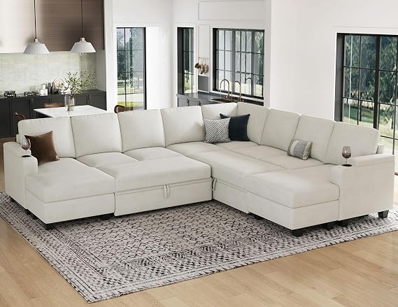 Belffin Oversized Sectional Sofa Bed Modular Sectional Sleeper Sofa with Double Storage Chaise. Beige Couch