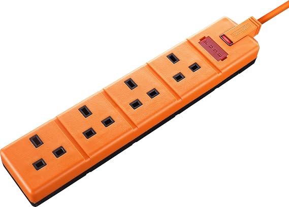 Masterplug Four Socket Extension Lead, 4 Metre Cable, LED Power Indicator, Unswitched, Heavy Duty, Rewireable, Power Strip, Work Power, Permaplug, Orange, 13A, 4G, 4m, EXS1344O