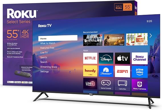 Roku Smart TV 55-Inch Select Series, 4K HDR TV Roku TV with Enhanced Voice Remote Flat Screen LED Television with Wi-Fi for Streaming Live Local News, Sports, Family Entertainment