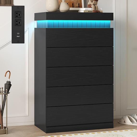UPOSOJA Tall Black 6 Dresser for Bedroom, Sliding Top Storage Space, Modern Wood Drawers with LED Light and Power Outlet, Large Chest of Drawer for Living Room, Hallway, Entryway (6 Drawers,Black)