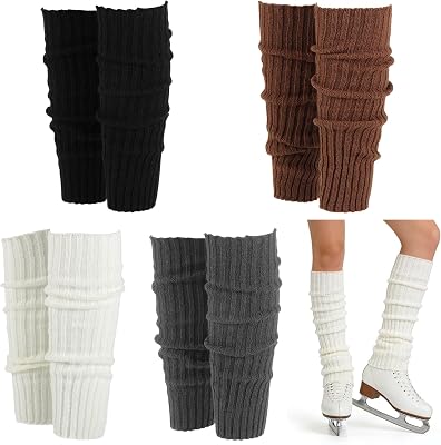 4 Pairs Skating Leg Warmers for Women Winter Ice Long Knit Leg Warmers Calf Socks for Ice Figure Skating