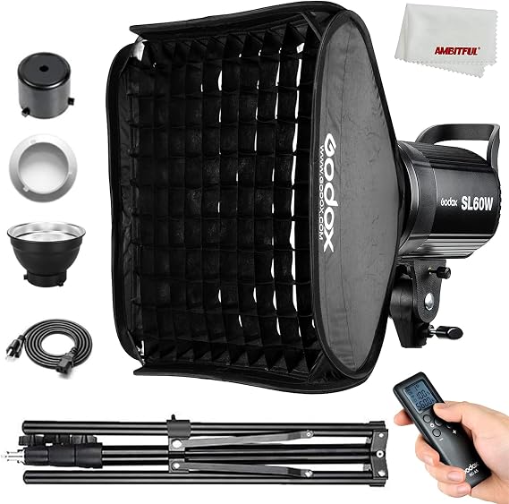 Godox SL-60W CRI 95+ LED Video Light SL60W White 5600K Version 60WS Bowens Mount with Folding Softbox 60CM x 60CM Bowens Mount,Light Stand
