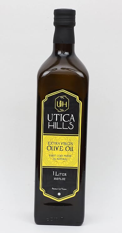 UTICA HILLS, TUNISIAN First Cold Pressed Extra Virgin Olive Oil, All natural, Glass Bottle 1L ( 33.8 fl. oz), Kosher Certified