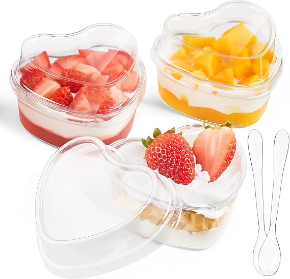 50 Pack 5 oz Heart Shaped Dessert Cups with Lids and Spoons, 50 Pack Mini Dessert Shooter Cups Cute Plastic Parfait Cups for Party Wedding Serving Cheesecake Mousse Pudding, Q097