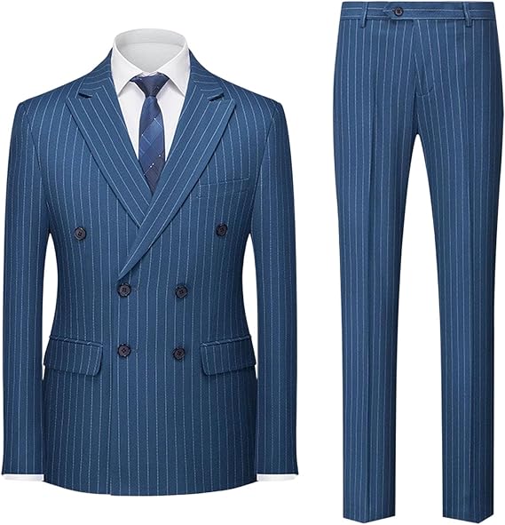 Pin Stripe Suit Mens Pinstripe 2 Piece Double Breasted Tuxedo Suit Slim Fit Prom Wedding Blazer Jacket Pants