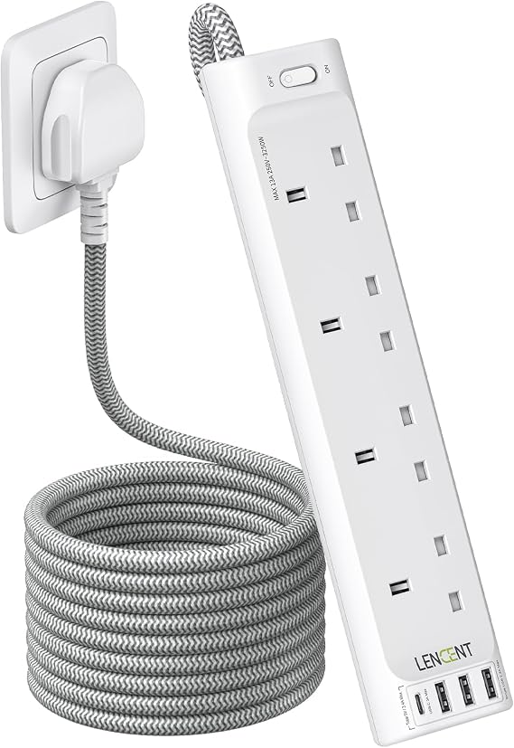 LENCENT 1.8M Extension Lead with 1 USB-C＆3 USB Slots,3250W 13A