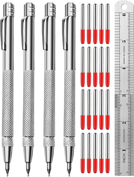 Tungsten Carbide Scriber, Knurled Aluminum Handle, 4-Pack with Bonus Marking Tips and Steel Ruler, Ideal for Detailed Crafting and Carving