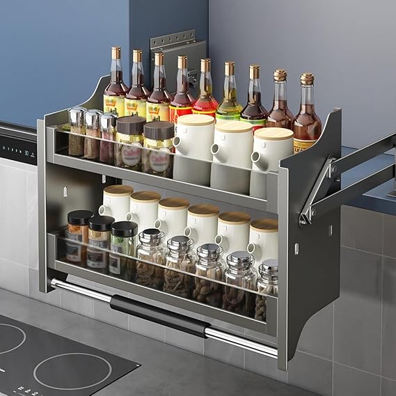 Multi-Functional Lifting Kitchen 2-Tier Pull-Down Dish and Spice Rack System for Upper Kitchen Cabinets Heavy-Duty Metal Pull-Down Shelves 4 Load-Gris-81 * 28 * 54cm