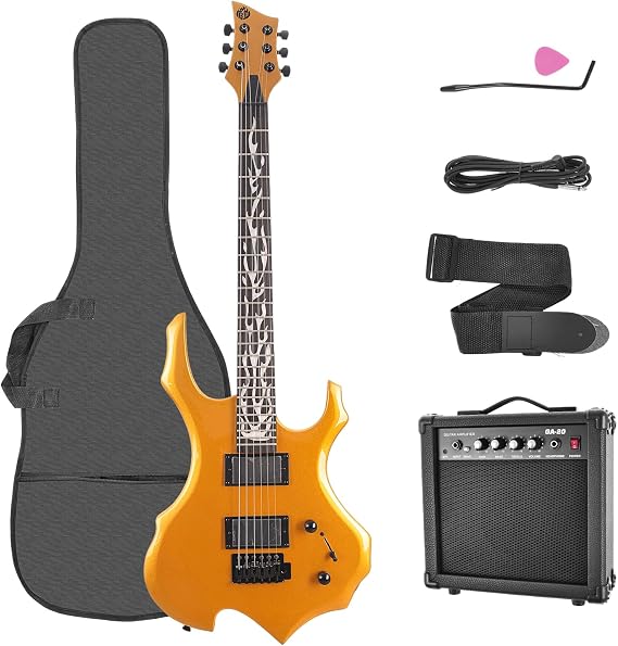 Electric Guitar Full Size Flame Design Set with Guitar Bag, Shoulder Strap, Amp,Tremolo Arm, Cable, Plectrum-Perfect for Beginners & Pros Solid Body Guitar (Gold)