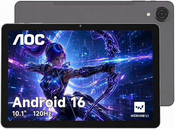 AOC 10 Inch Tablet Android 16, 120Hz IPS High Brightness HD Display, 8-Core Processor, Widevine L1 HD Streaming, 4GB RAM 128GB Storage (1TB Expand), 6000mAh Battery, WiFi, Face ID, Metal Body, Gray